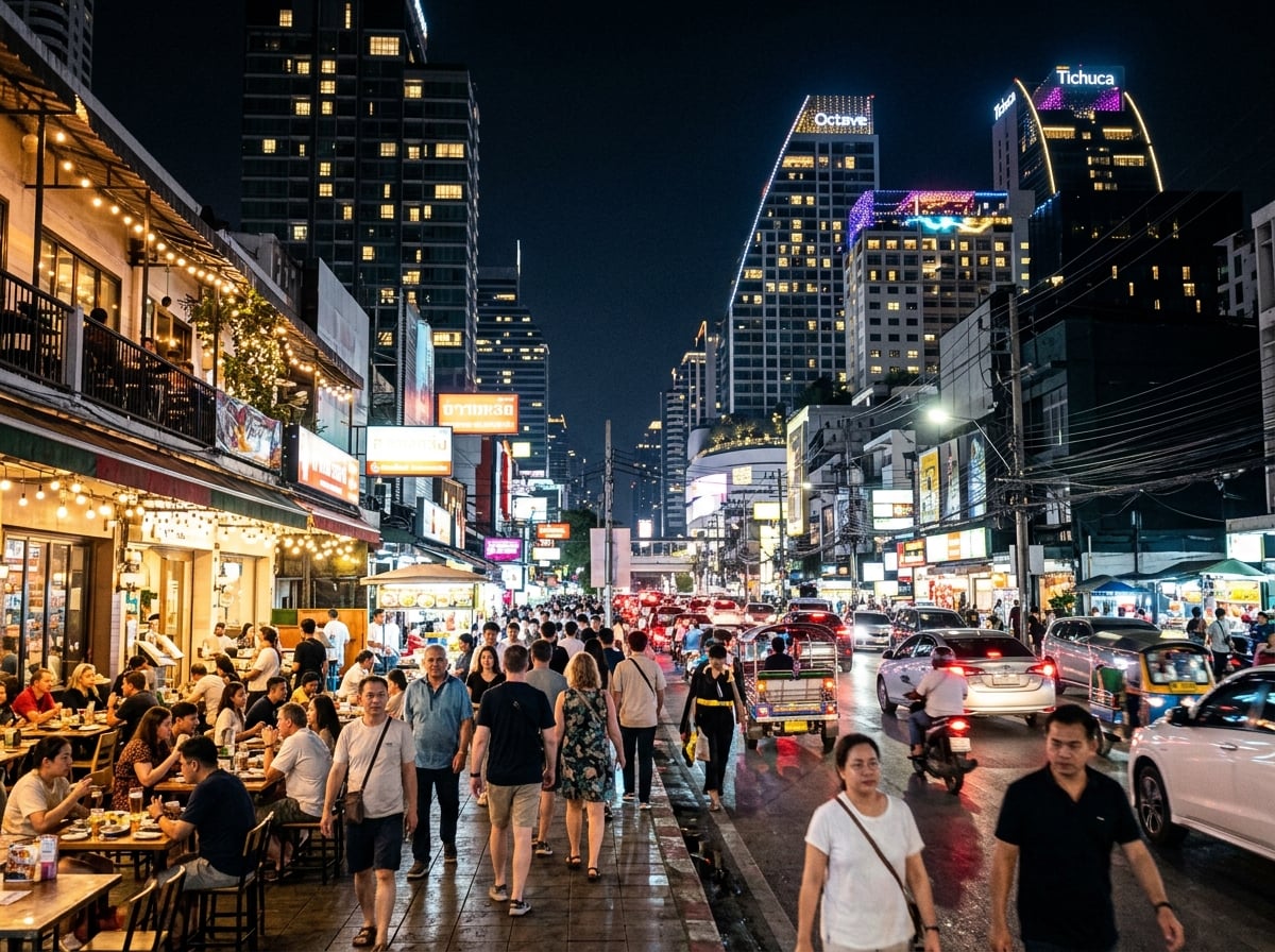 A lively street scene in Sukhumvit, Bangkok, with modern high-rise buildings, international restaurants with outdoor seating, and people enjoying the evening atmosphere.