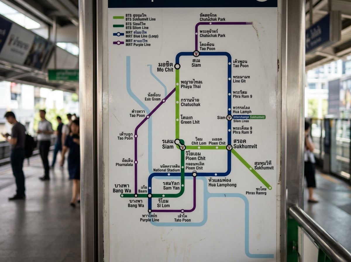 A map of Bangkok's public transportation, highlighting the interconnected BTS Skytrain and MRT subway lines, overlaid on a simplified city map with key attractions marked.
