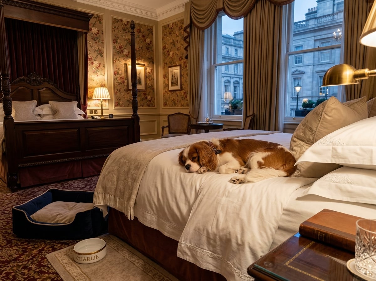 A small dog relaxing on a luxurious bed in a hotel room.