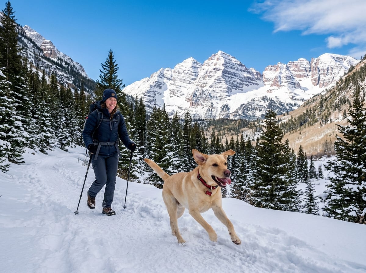A Labrador retriever running on a snowy mountain trail with a person.