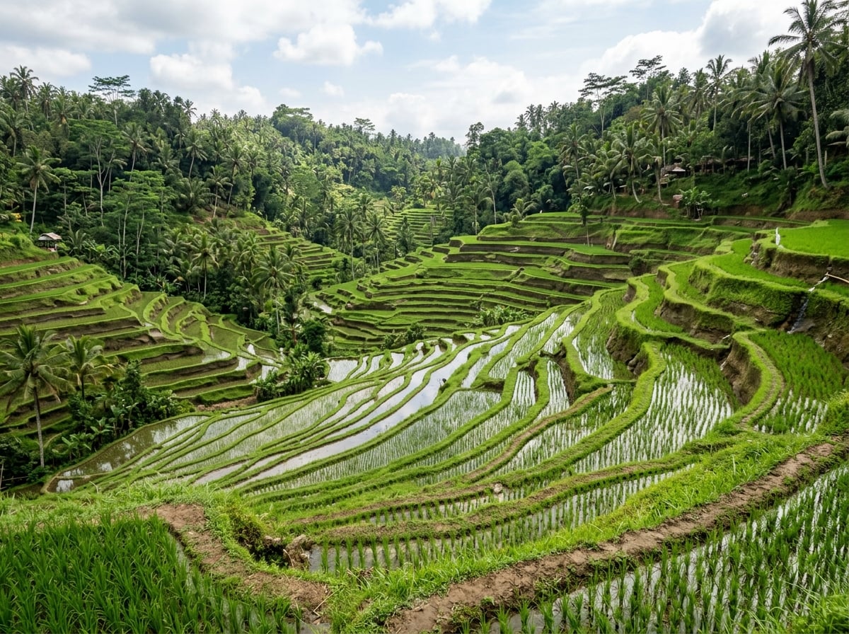 Vast green Tegalalang rice terraces under a clear sky.