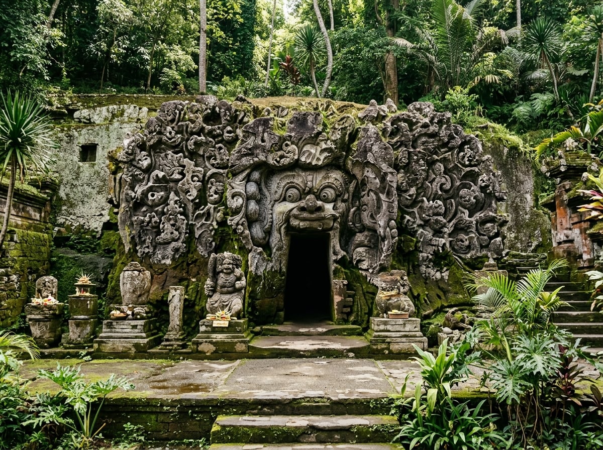 Ancient stone carvings at Goa Gajah, the Elephant Cave temple in Ubud.