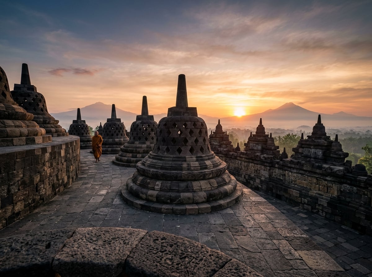 A detailed view of Borobudur temple's stupas at sunrise.