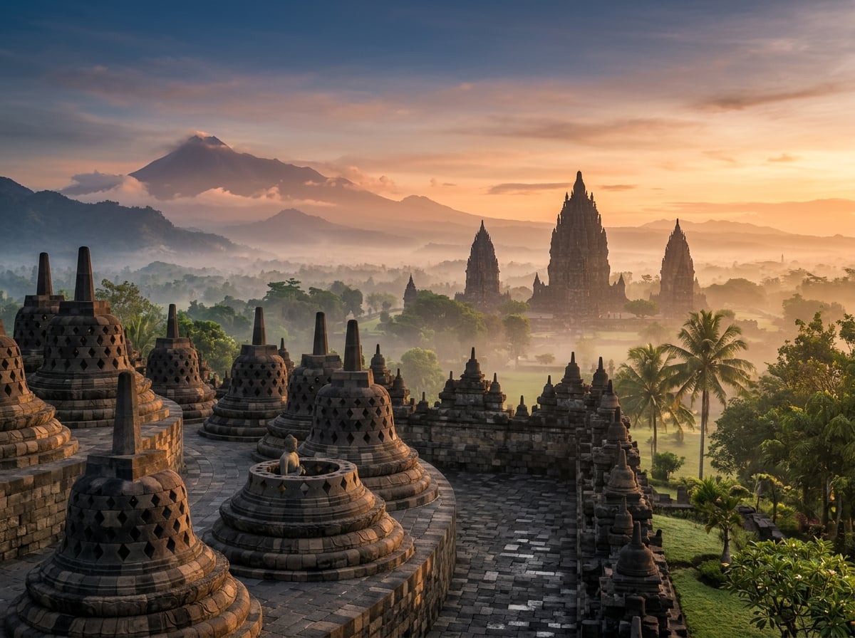 Borobudur and Prambanan temples at dawn, with traditional Javanese architecture.
