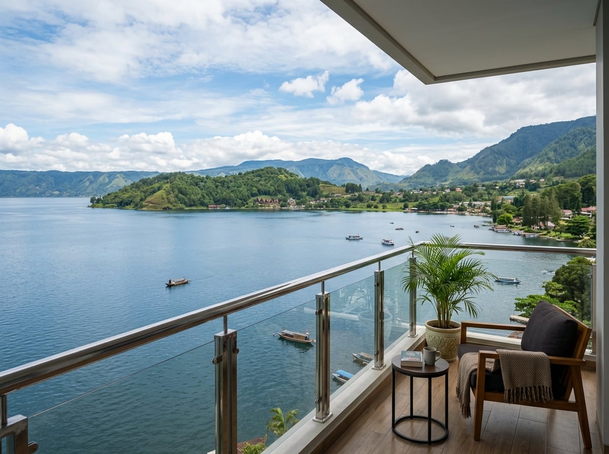 A hotel balcony overlooking Lake Toba with Samosir Island in the distance.