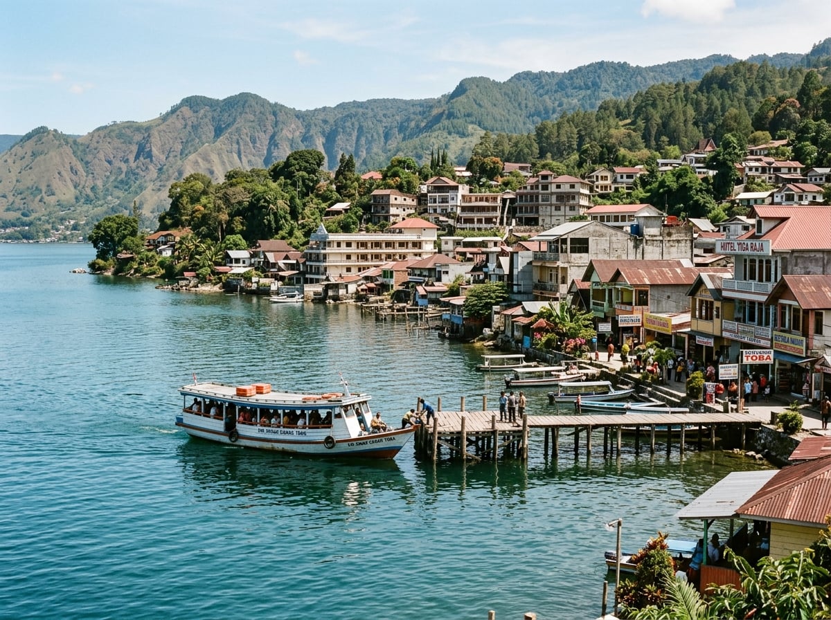 A ferry arriving at a dock on Lake Toba with a town in the background.