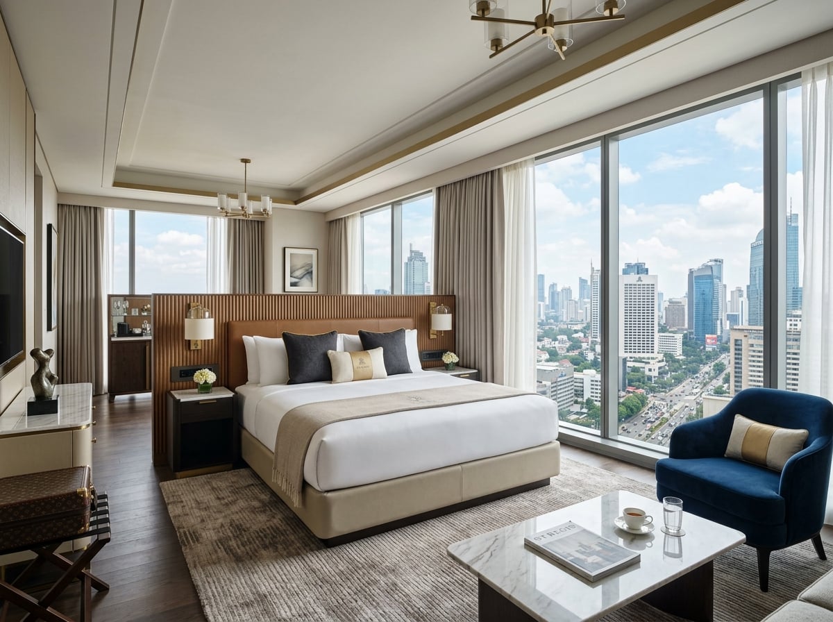 Modern luxury hotel suite interior at The St. Regis Jakarta with city views.