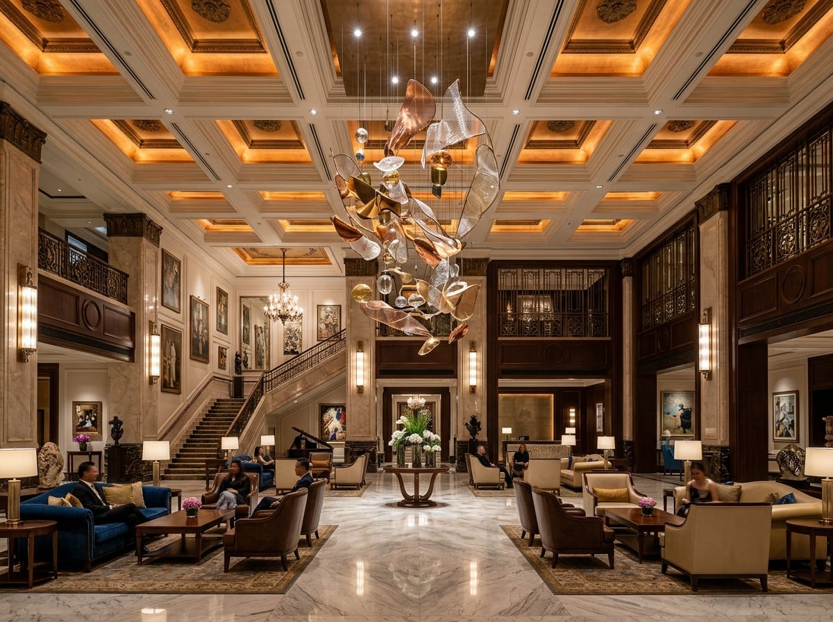 Elegant and spacious lobby of Raffles Jakarta with high ceilings and art installations.