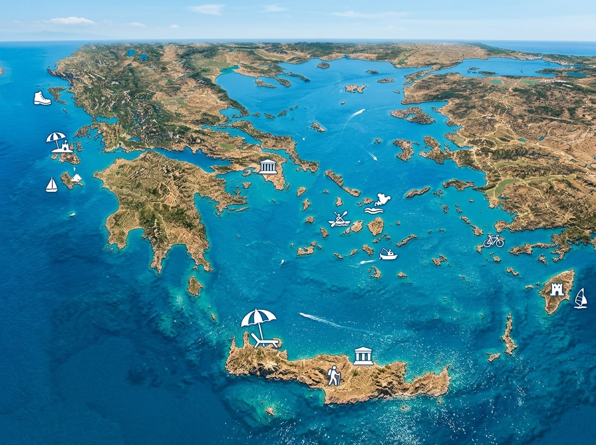 Map of the Greek islands with various family activity icons.