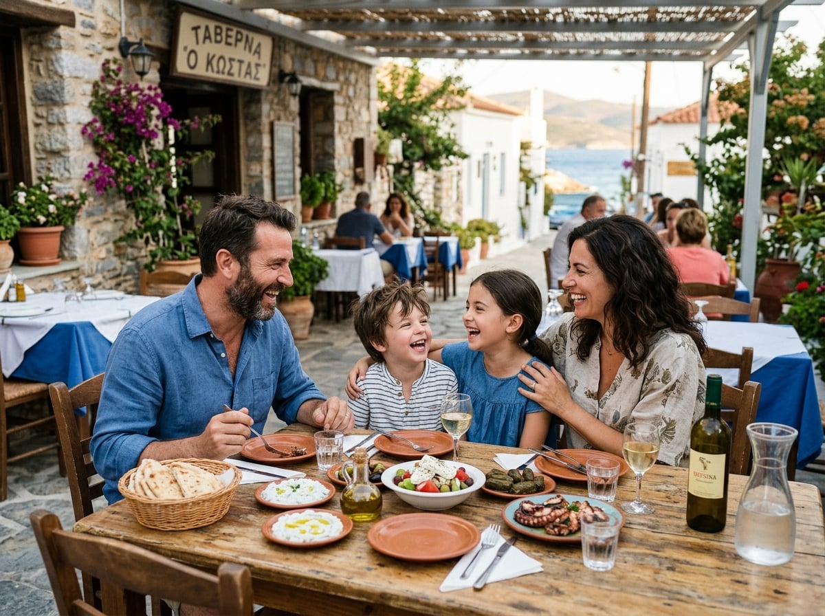Greek family with children enjoying a meal outdoors at a taverna.
