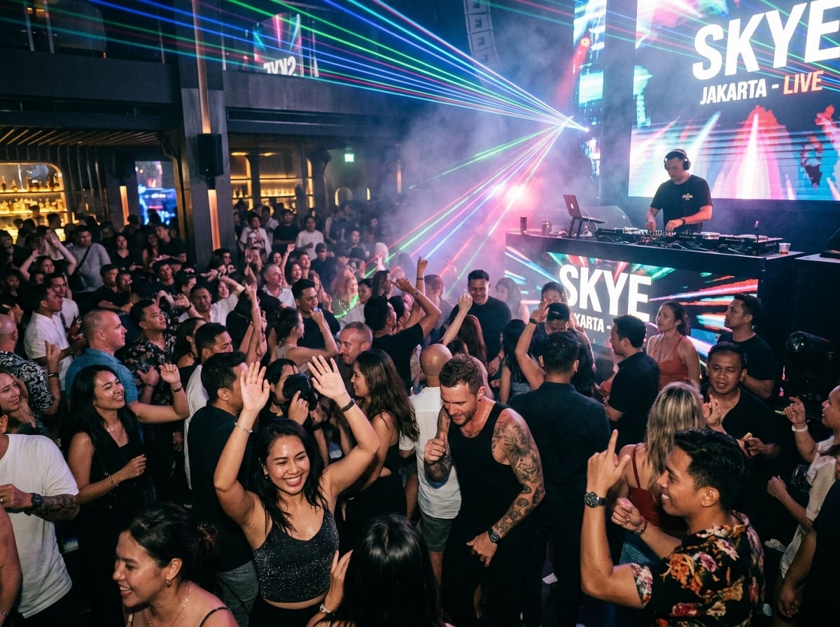 A vibrant dance floor in a Jakarta nightclub with diverse people dancing.