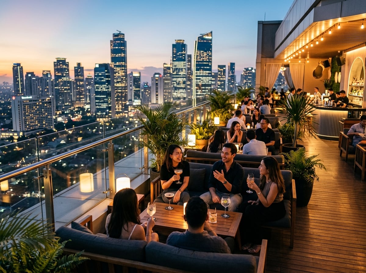 A view of the Jakarta skyline from a modern rooftop bar at dusk.