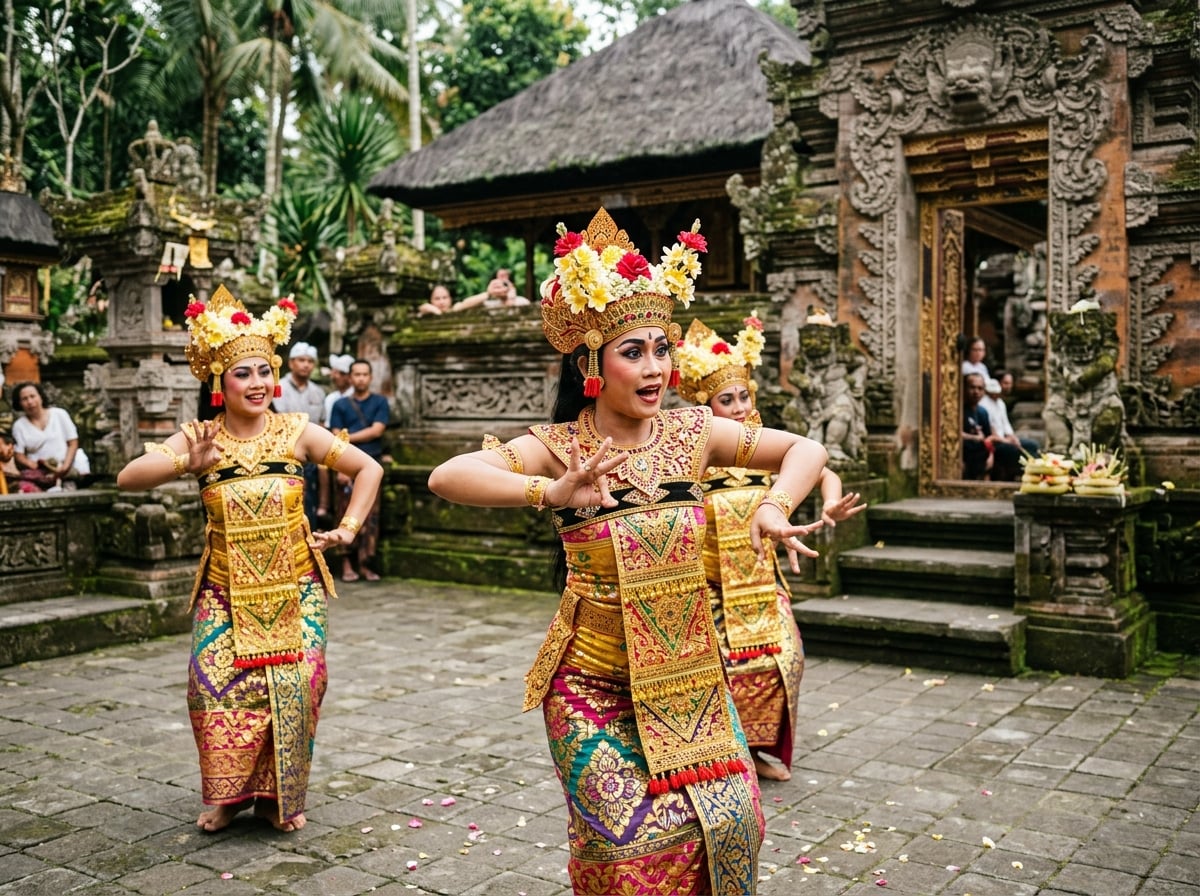Balinese women in traditional dance attire in a temple courtyard.