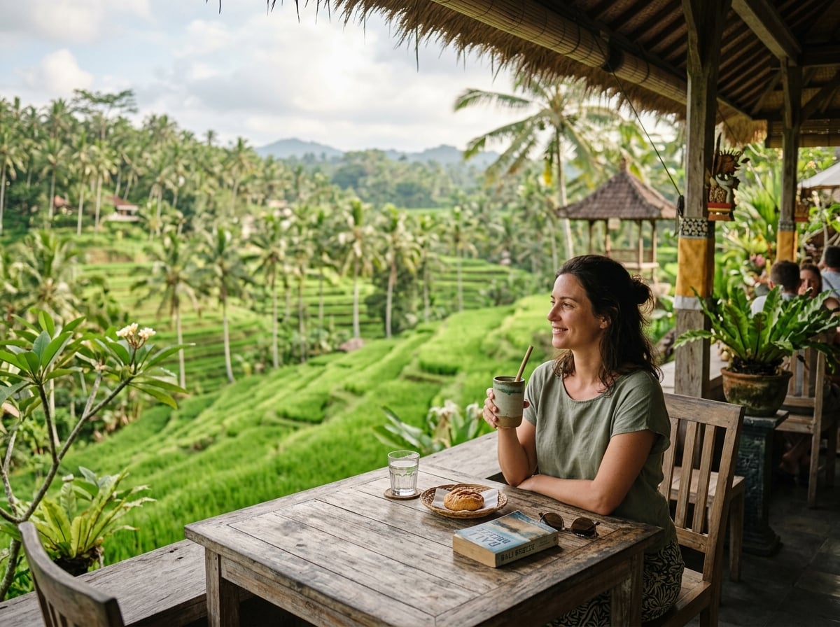 A person sitting at a cafe overlooking rice paddies in Ubud.