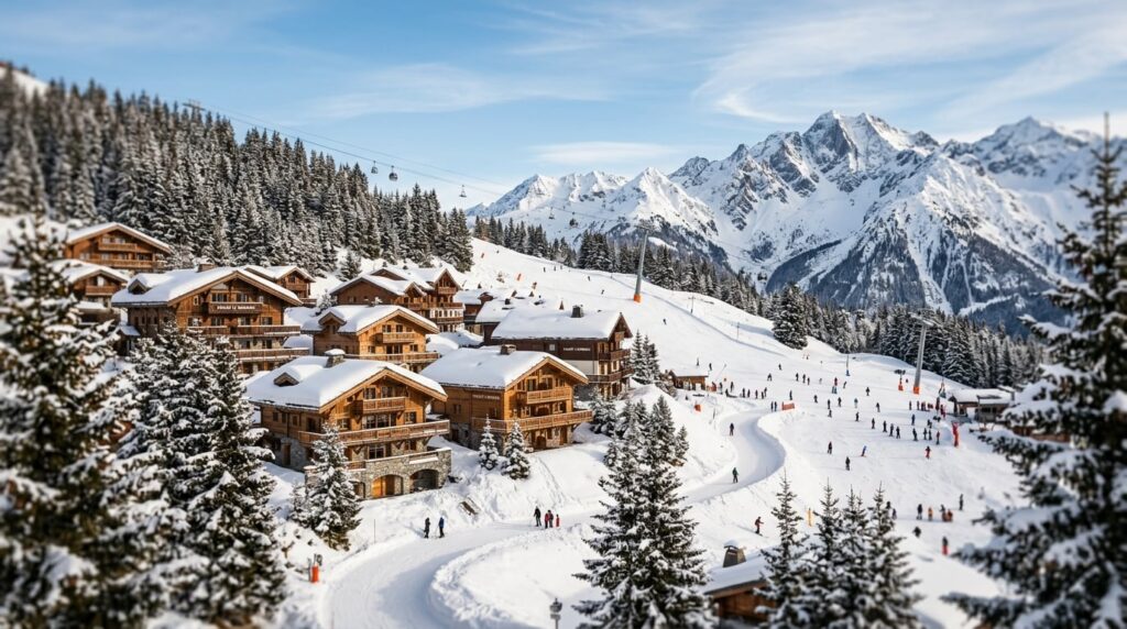 A wide view of Courchevel ski resort with snow-covered chalets and ski slopes.