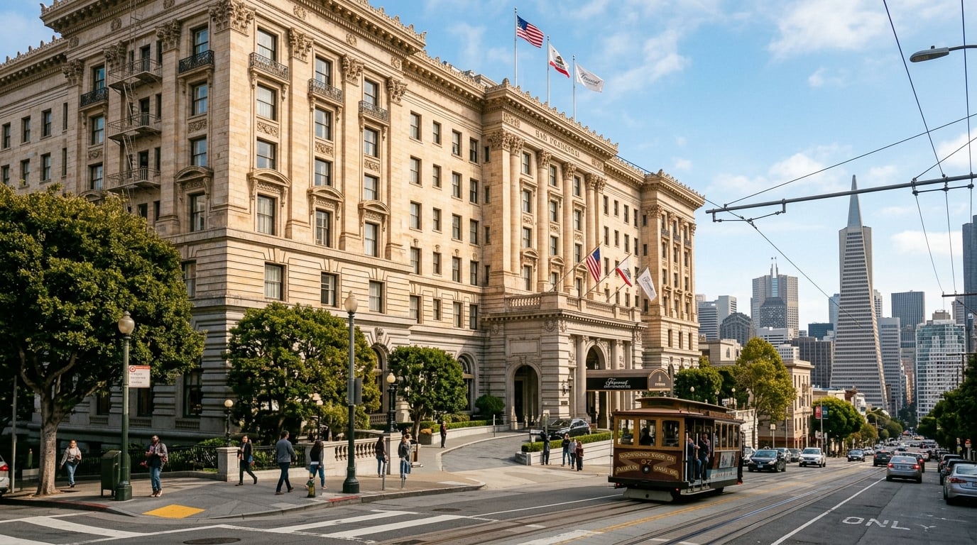A historic luxury hotel building in San Francisco's Nob Hill, with classic architecture.