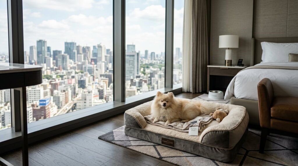 A small dog sitting on a plush pet bed in a bright, modern hotel room with city views.