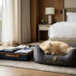 A small dog sitting on a plush pet bed in a bright, modern hotel room with city views.