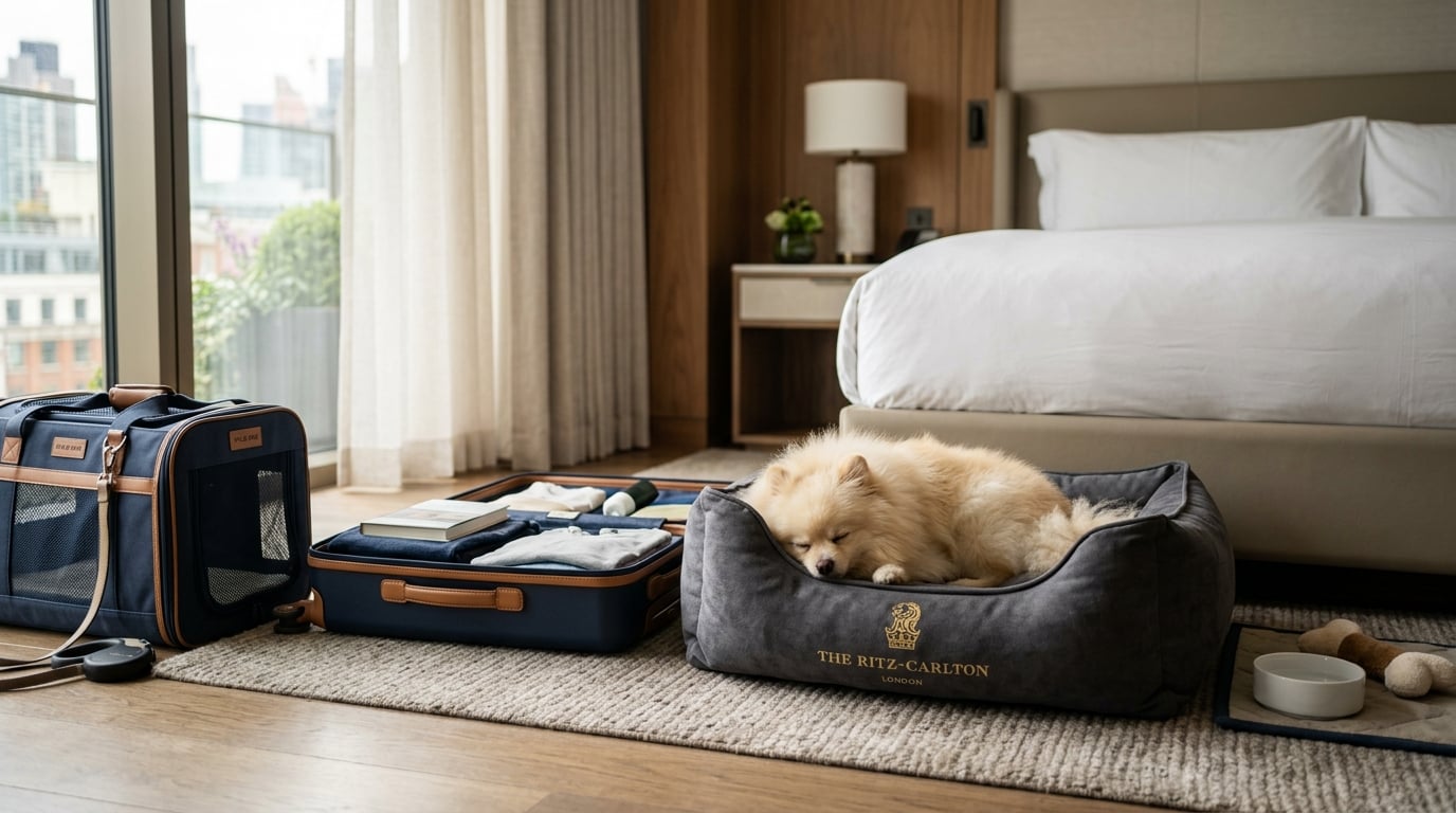 A small dog sitting on a plush pet bed next to a suitcase in a bright hotel room.