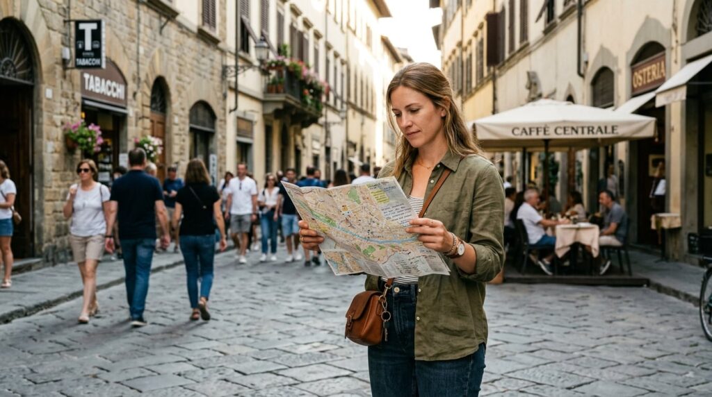 A traveler looking at a map in a bustling European city street.