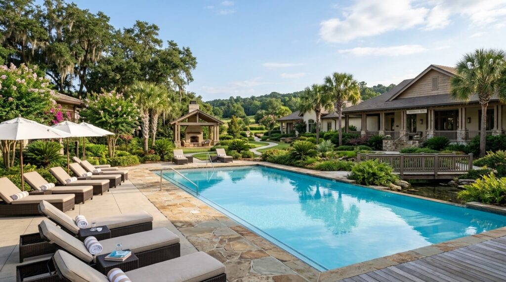 A serene outdoor spa area at a luxurious resort in the Southern United States, with a swimming pool and lush landscaping.