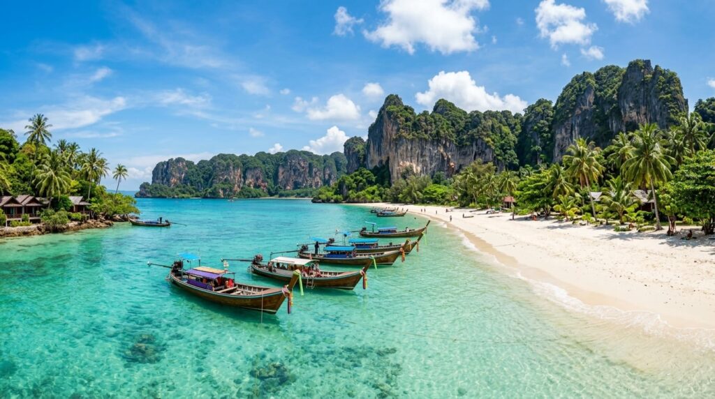 Longtail boats floating in clear turquoise water near a white sand beach with limestone cliffs in Phuket.