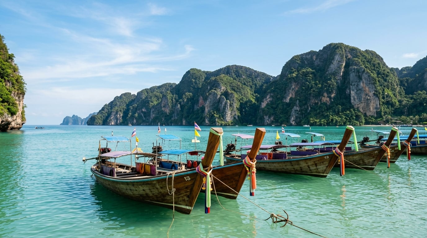 Longtail boats on a calm turquoise sea in Phuket with limestone karsts in the background.