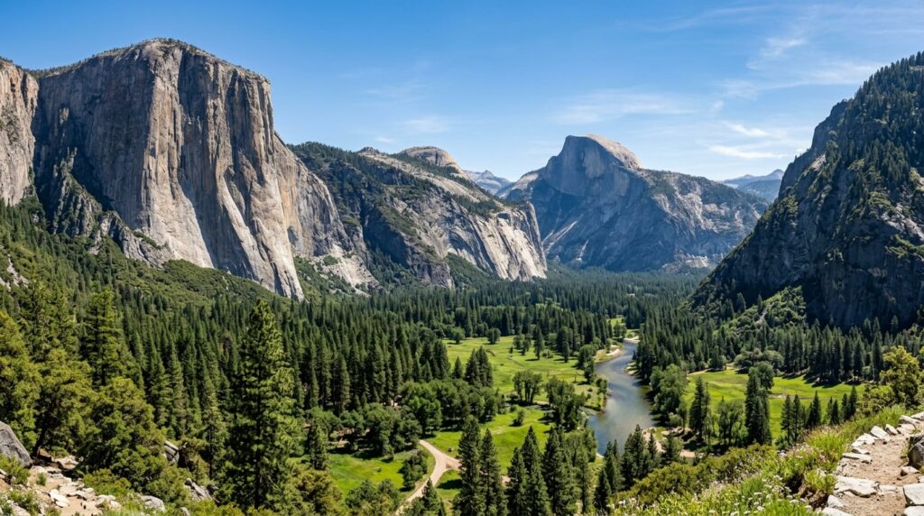 A wide view of Yosemite Valley with Half Dome and El Capitan under a clear sky.