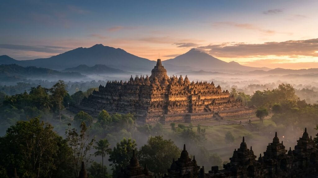 A wide shot of Borobudur Temple at sunrise with mist, surrounded by lush green trees and distant mountains.