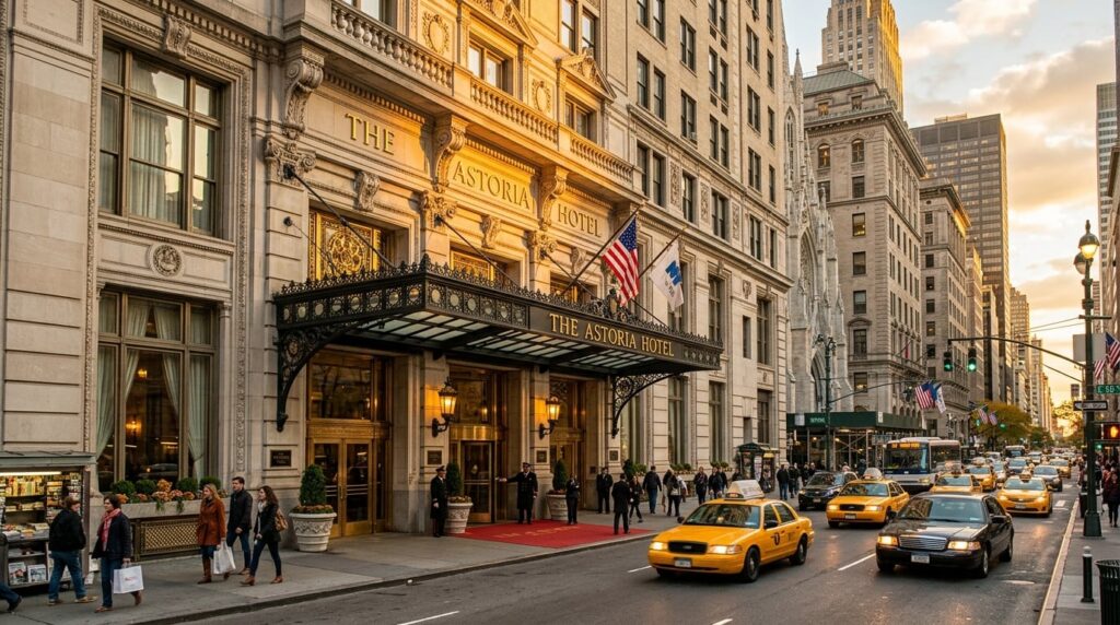 Grand hotel facade on Fifth Avenue, with yellow cabs passing by.