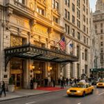 Grand hotel facade on Fifth Avenue, with yellow cabs passing by.