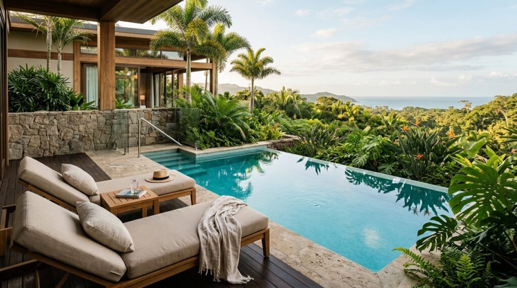 A luxurious hotel suite with a private plunge pool overlooking a tropical landscape.
