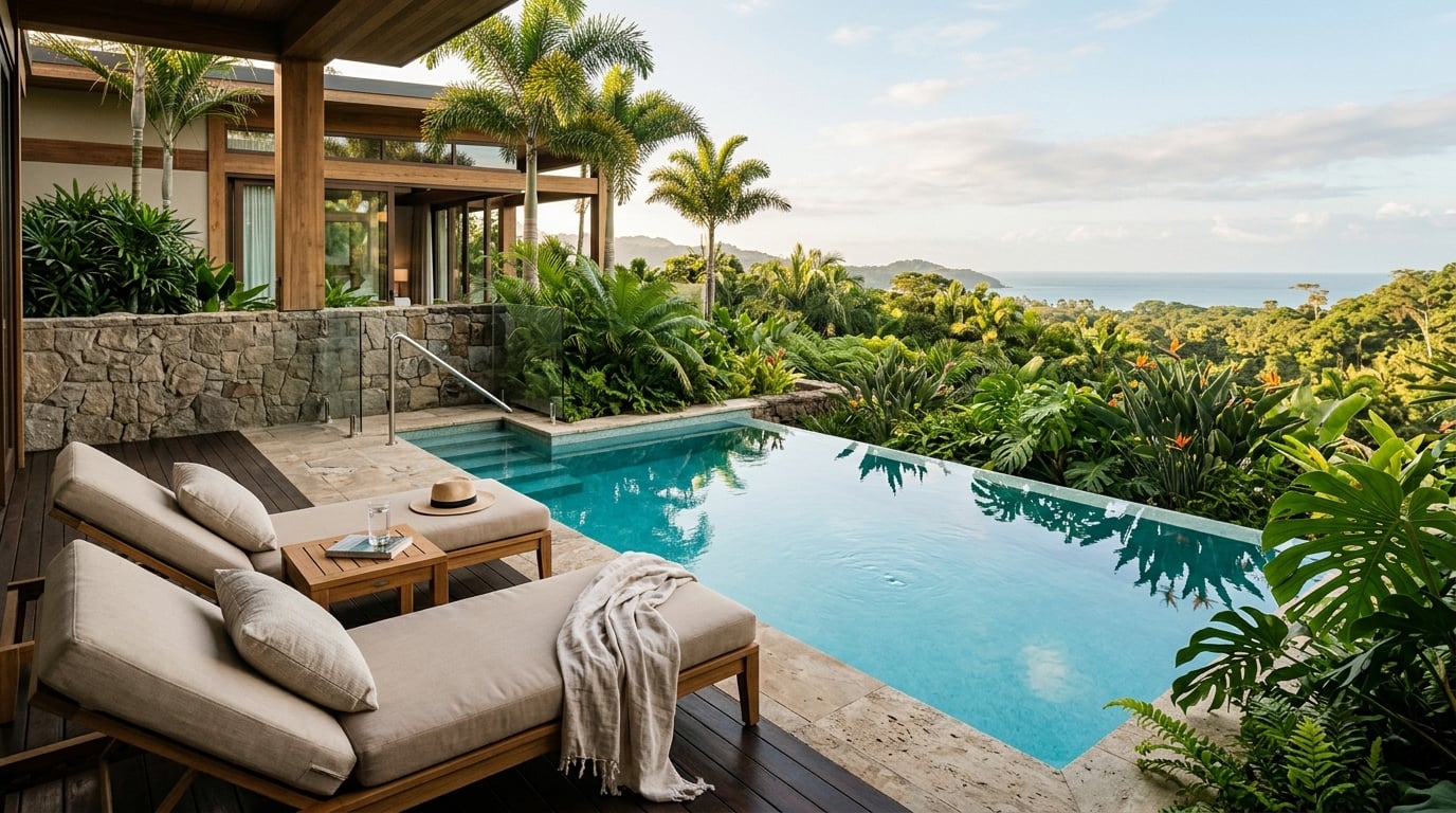 A luxurious hotel suite with a private plunge pool overlooking a tropical landscape.