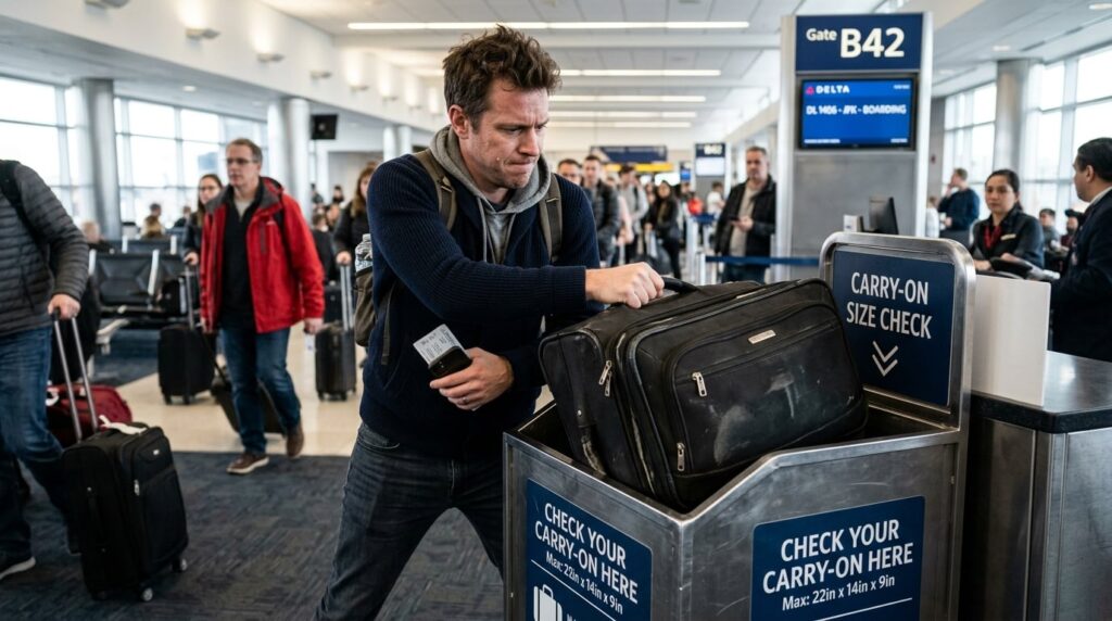 A traveler attempts to fit an overstuffed carry-on bag into an airline's metal sizing bin at an airport gate.