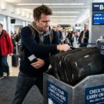 Airline Carry-on Luggage Size Restrictions: 2026 Guide by Airline A traveler attempts to fit an overstuffed carry-on bag into an airline's metal sizing bin at an airport gate.