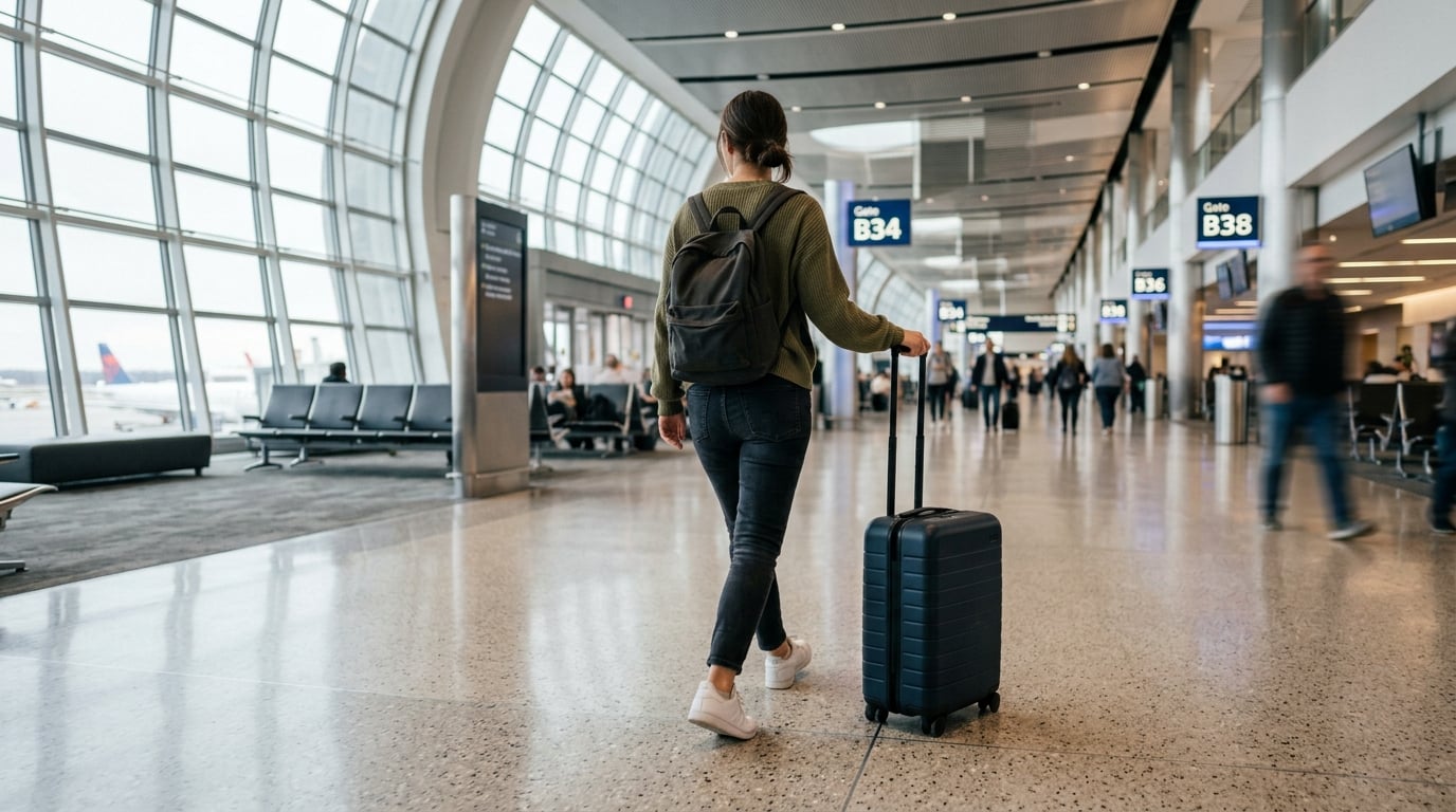 A traveler attempts to fit an overstuffed carry-on bag into an airline's metal sizing bin at an airport gate.