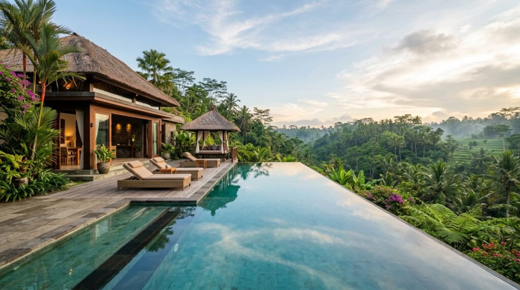 A luxurious private villa with an infinity pool overlooking a lush jungle in Ubud, Bali.