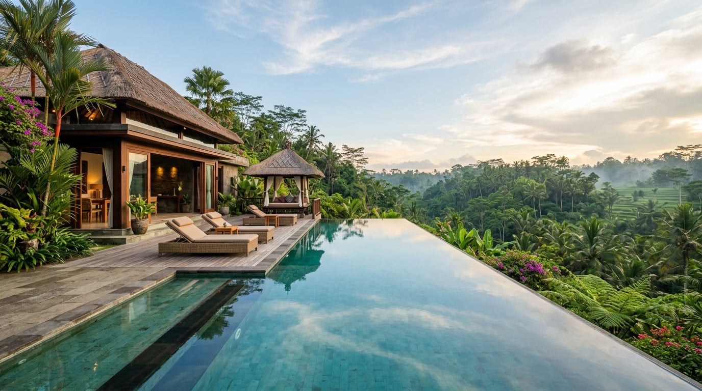 A luxurious private villa with an infinity pool overlooking a lush jungle in Ubud, Bali.
