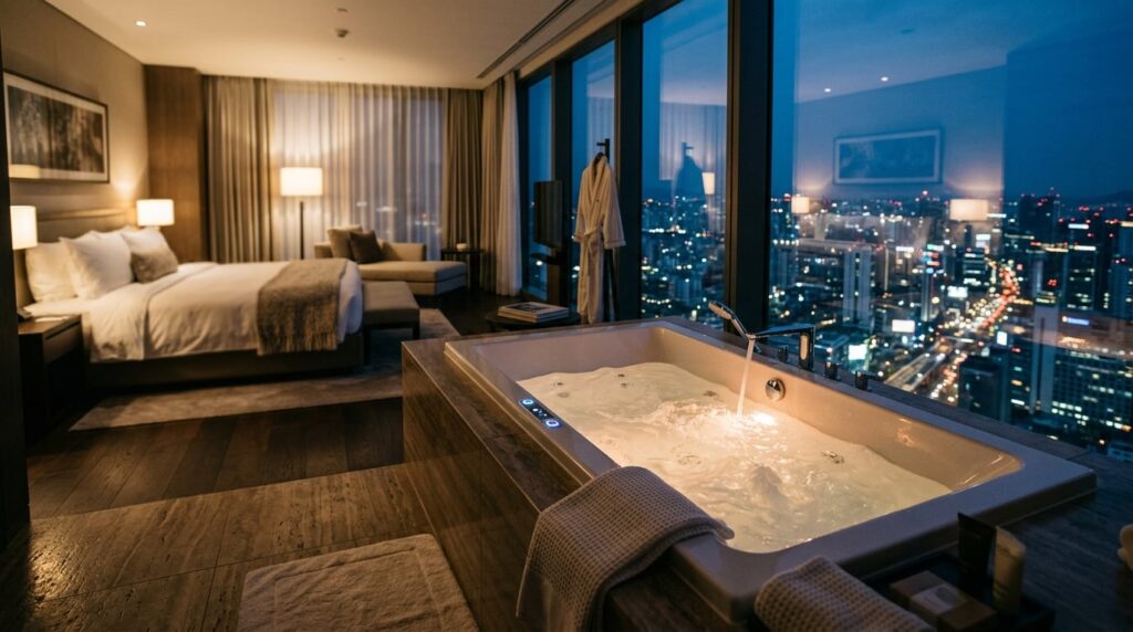 A luxurious hotel suite with a large jacuzzi tub next to a panoramic window overlooking a city at night.