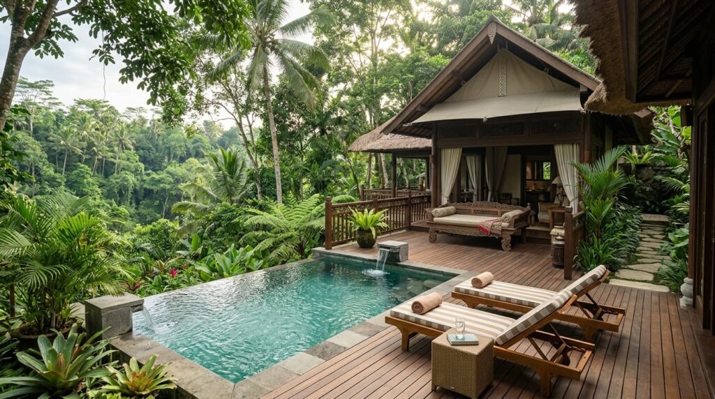 A luxurious tented villa with a private plunge pool, surrounded by dense jungle foliage in Ubud.