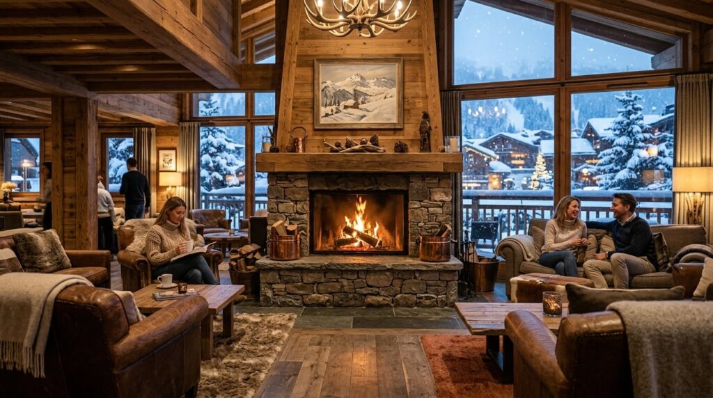 A cozy, luxurious hotel lobby in Courchevel with a roaring fireplace.