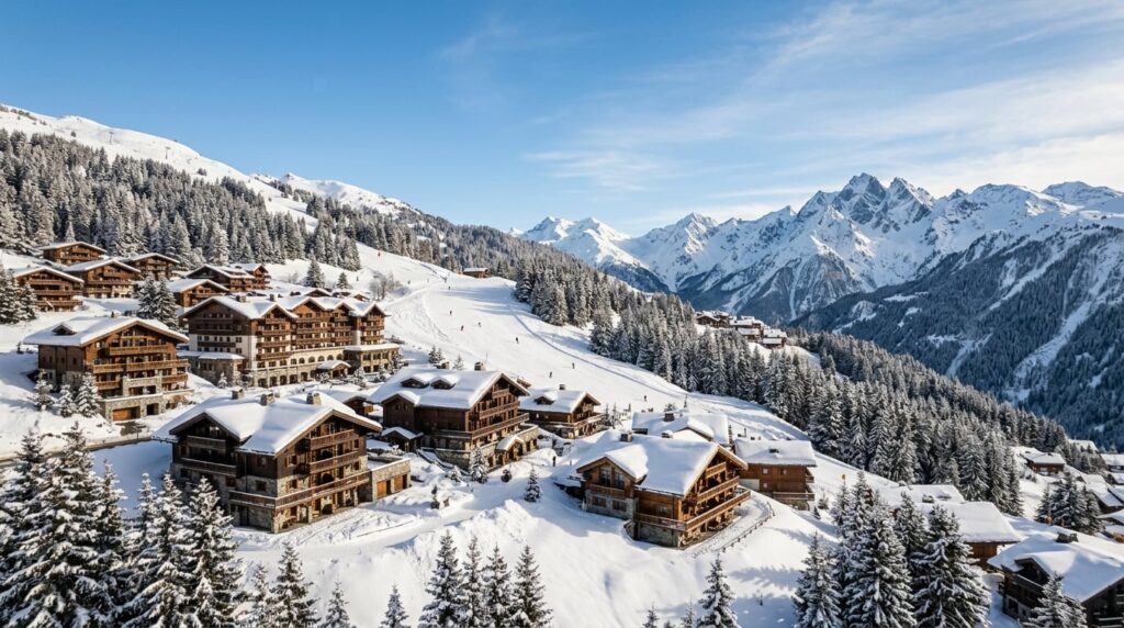 A picturesque view of Courchevel 1850 resort nestled in the French Alps.
