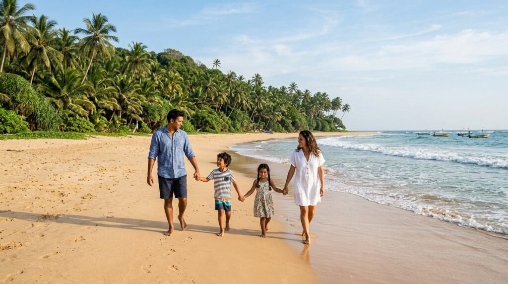 A family with two children walking hand-in-hand along a sandy beach in Sri Lanka, with palm trees and ocean in the background.