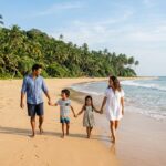 Best Hotels in Sri Lanka for Families (2024 Guide) A family with two children walking hand-in-hand along a sandy beach in Sri Lanka, with palm trees and ocean in the background.