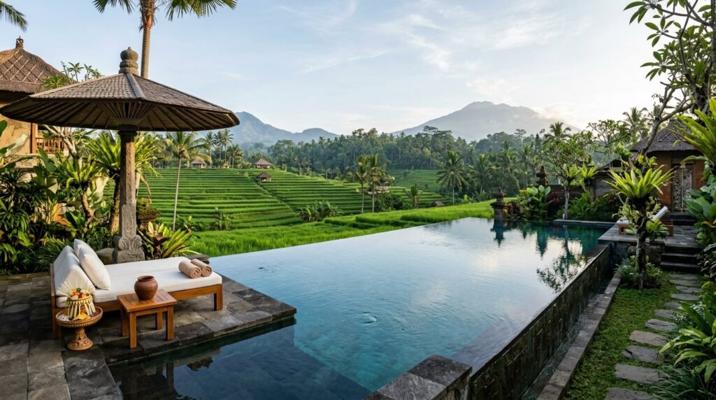 A luxurious resort pool overlooking dense, green rice terraces in Ubud, Bali.