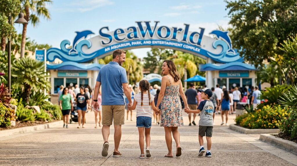 A family with two young children walking towards the entrance of SeaWorld San Antonio.