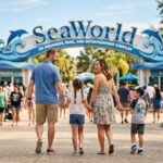 Best Hotels Near SeaWorld San Antonio for Families (2026) A family with two young children walking towards the entrance of SeaWorld San Antonio.