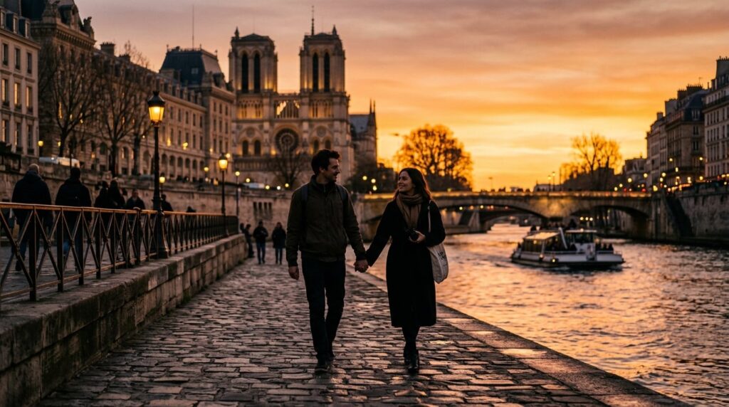A couple walking hand-in-hand along the Seine River in Paris at sunset.