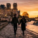 Best Neighborhoods To Stay In Paris (2025 Guide) A couple walking hand-in-hand along the Seine River in Paris at sunset.