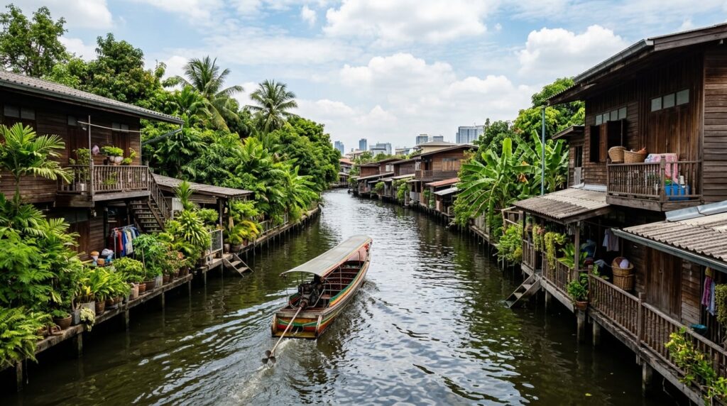 A Bangkok canal scene with a longtail boat passing traditional wooden houses.